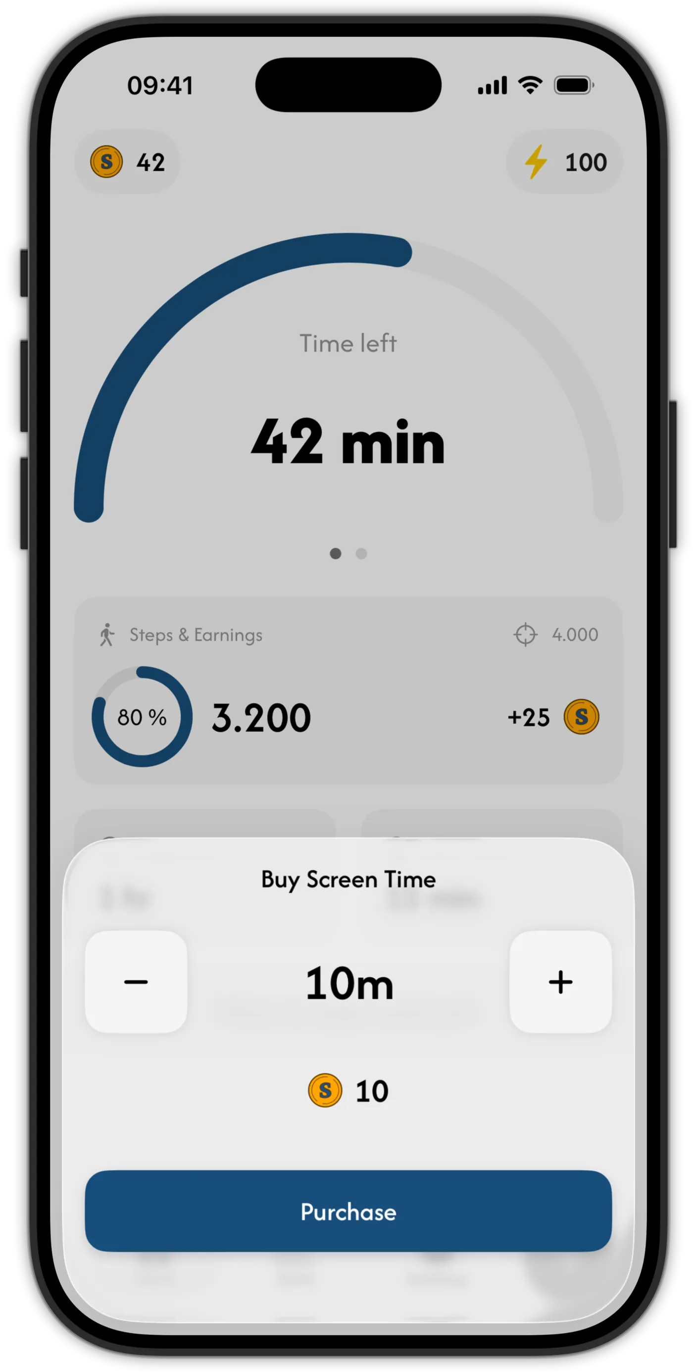 Skrid's buy screen time sheet, spending 10 coins on 10 extra minutes